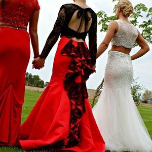 2 Piece Red and Black Lace Prom Dress